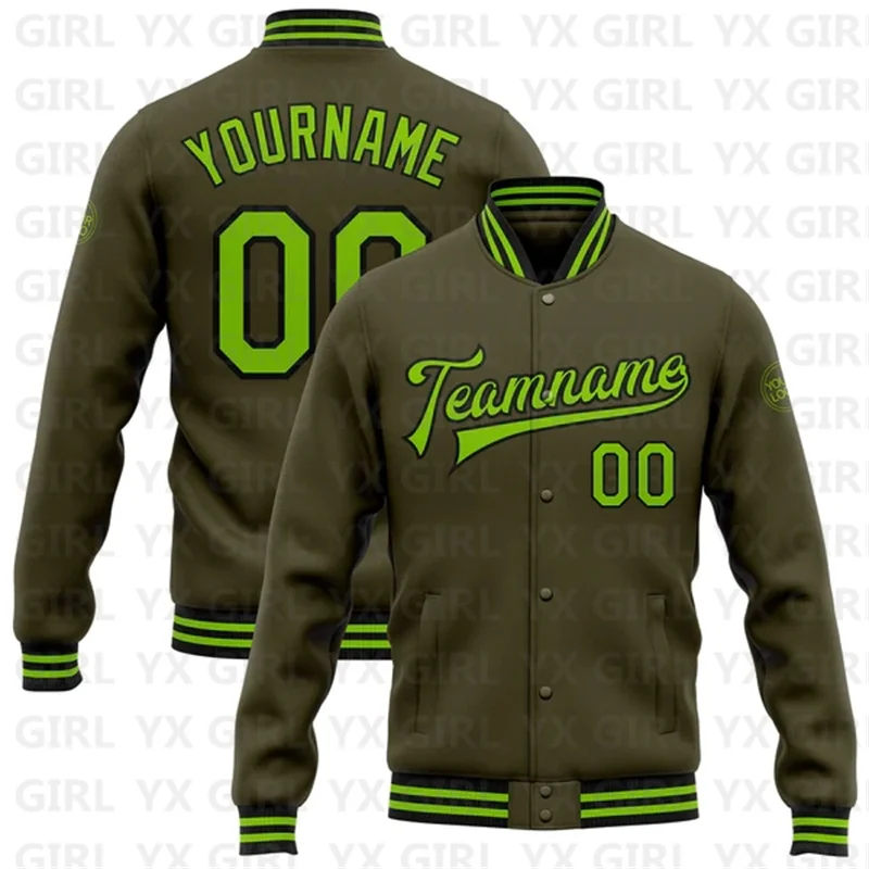 Custom Olive White-Black Bomber Full-Snap Varsity Letterman Salute To Service Jacket 3D Printed Baseball Button Jacket