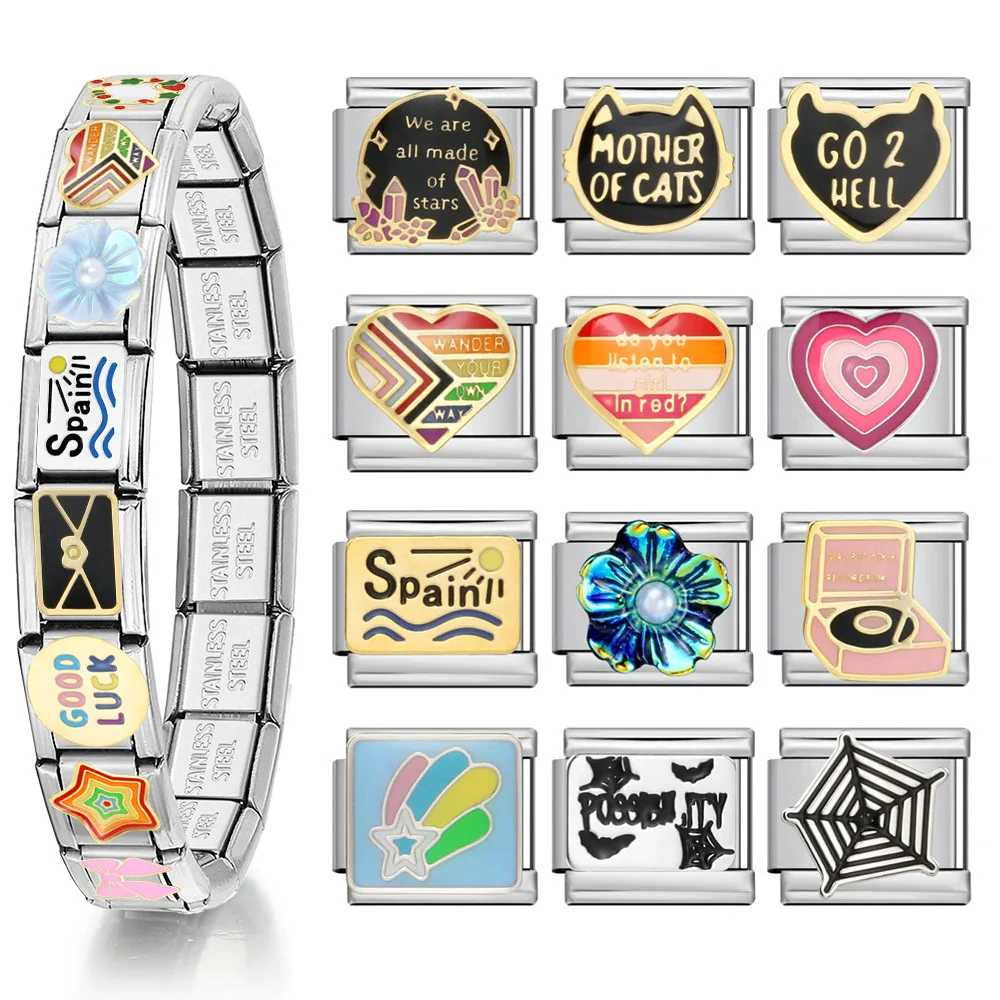 Y2K Elastic Charm Link Italienischer 9mm Edelstahl Schmuck Kreative Herzform Regenbogen Blume Schnecke Herstellung DIY Armbänder Geschenke