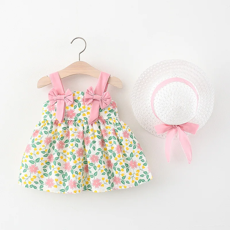 2Piece Summer Clothes Baby Girls Boutique Outfits Korean Cute Bow Sleeveless Beach Dresses Newborn Flowers Dress+Sunhat BC018 - Image 3