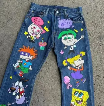 Y2K American cartoon pattern printed high street retro women's high waist fashionable straight loose jeans casual wide-leg jeans 1