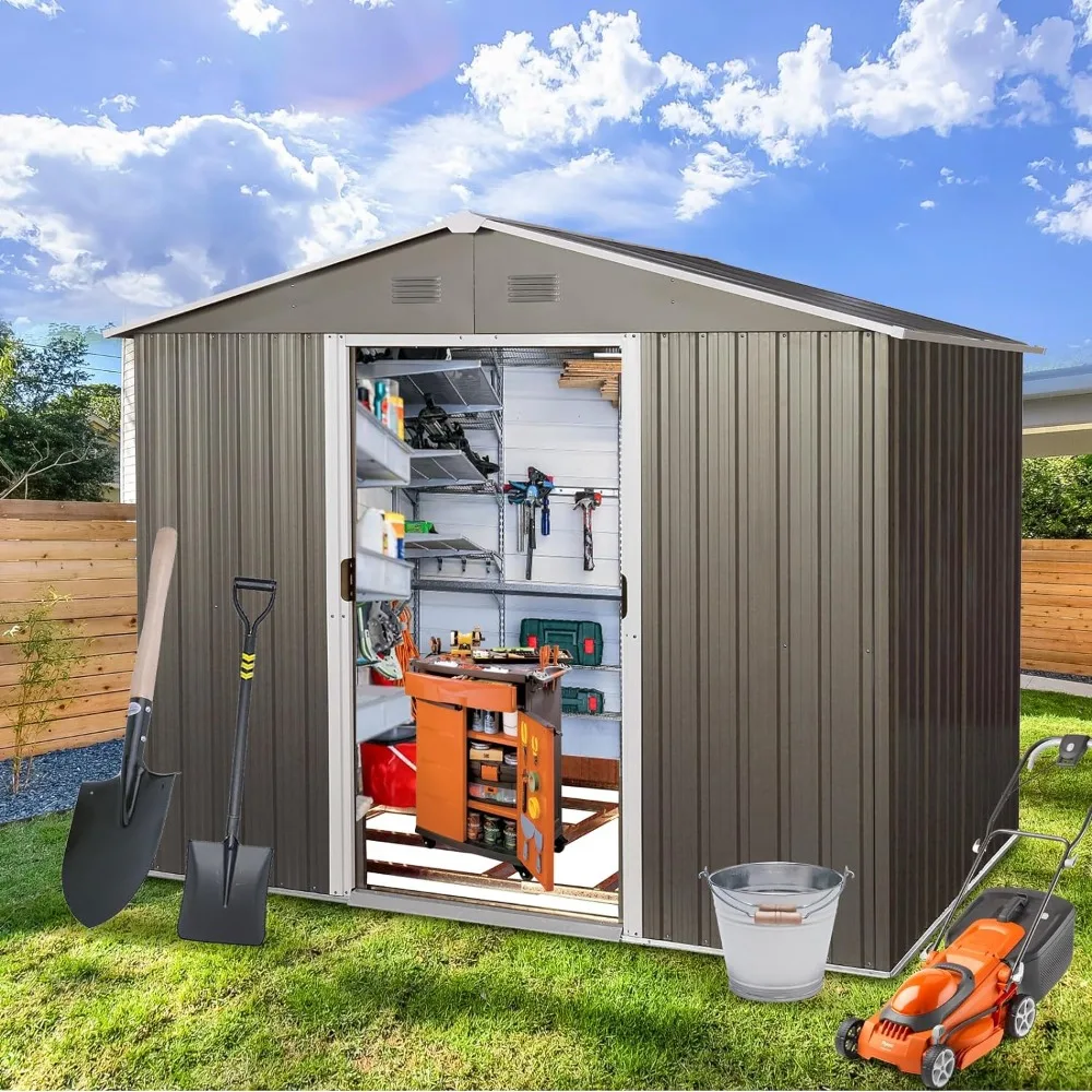 

Lawn Sheds Outdoor Storage Booth 7'x5' Outdoor Metal Storage Shed With Floor Base 4 Punched Vents and Pad-Lockable Sliding Doors