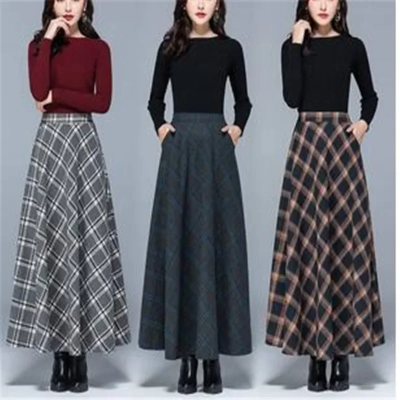 Winter Women Long Woolen Skirt Fashion High Waist Basic Wool Skirts Female Casual Thick Warm Elastic A-Line Maxi Skirts O8399
