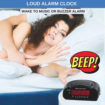 Red LED Digital Alarm Clock with AM/FM Radio, Loud Buzzer for Heavy Sleepers, Compact Desk or Bedside Clock 3