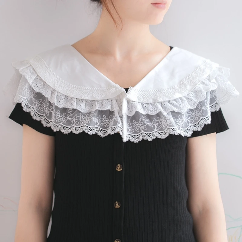 

Women Double Layer Ruffled Lace Fake Collar Shawl Wrap V-Neck Detachable Dickey Big Lapel Scarf Necklace Tiered Drop Shipping