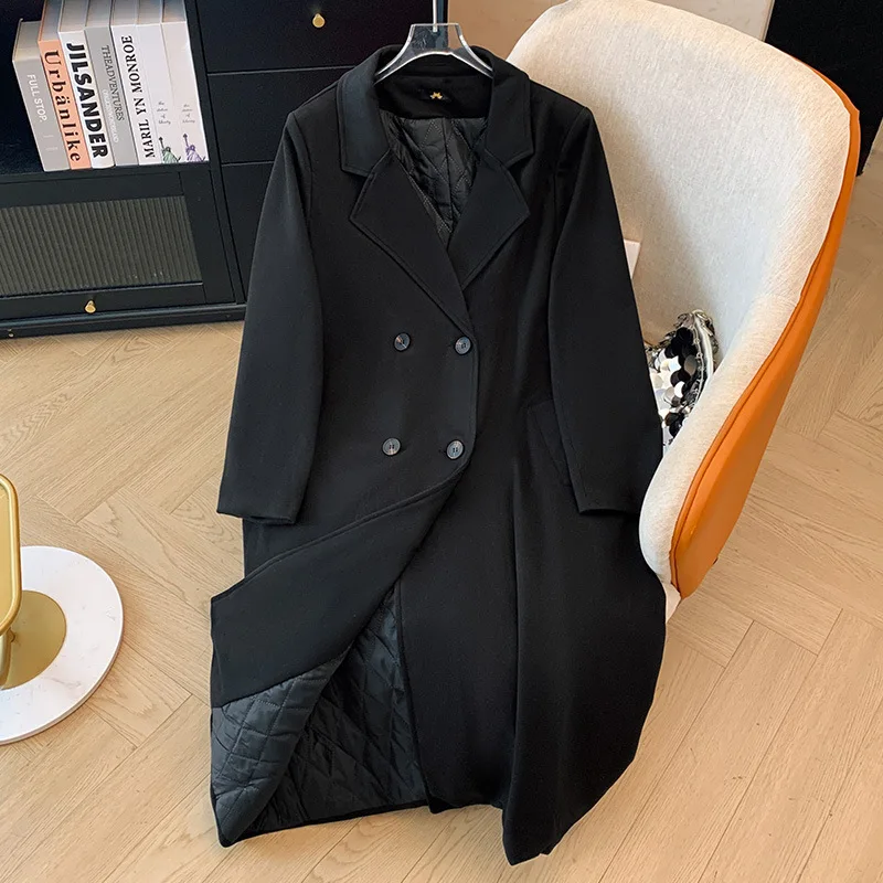 150kg plus size busto feminino 156 inverno grosso solto terno colarinho trench coat longo blusão preto 5xl 6xl 7xl 8xl 9xl