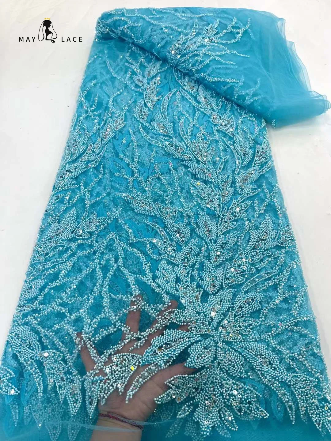 

May Lace Luxury African Sequins Beaded Lace Fabric 2023 High Quality Groom Nigerian Wedding Bridal Embroidery French For Dress