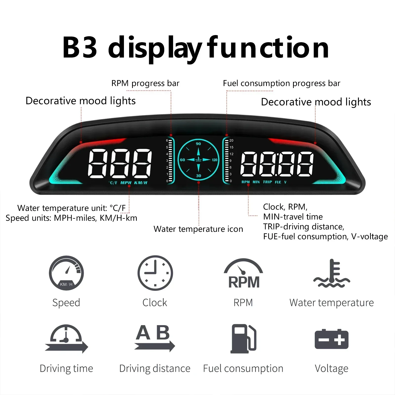B3 Head Up Display For HUD Speedometer RPM OBD Smart Digital Overspeed Alarm Engine Fault Code Car Navigator Car Safely