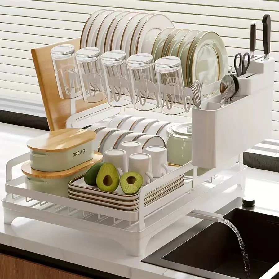 2 Tier Dish Rack with Drainboard Kitchen Dish Bowl Drainer Storage Rack Countertop Dinnerware Organizer Knife Fork Cup Holder 5