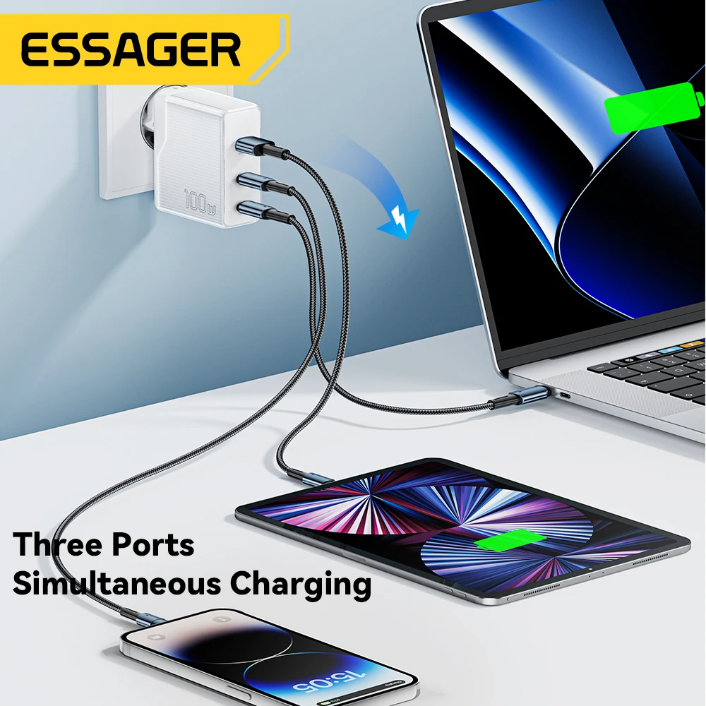 Essager-cargador USB tipo C GaN para ordenador portátil, dispositivo de  carga rápida para Macbook, tableta, iPhone, Xiaomi, 65W, 100W