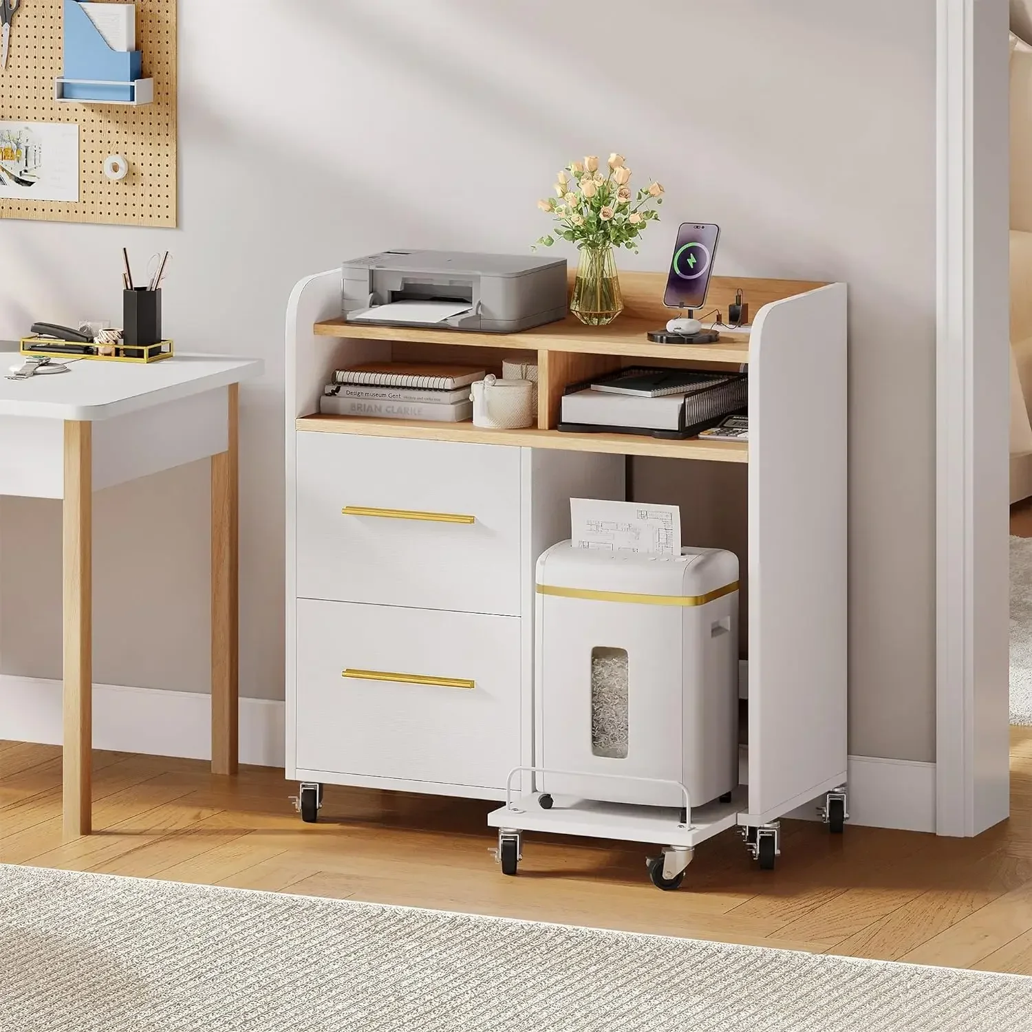 

File Cabinet with Charging Station, Printer Table Cabinet for Home Office, Printer Stand Cart