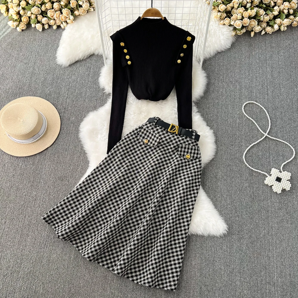 

2023 new winter fashion suit sweater top + plaid printed skirt two-piece set