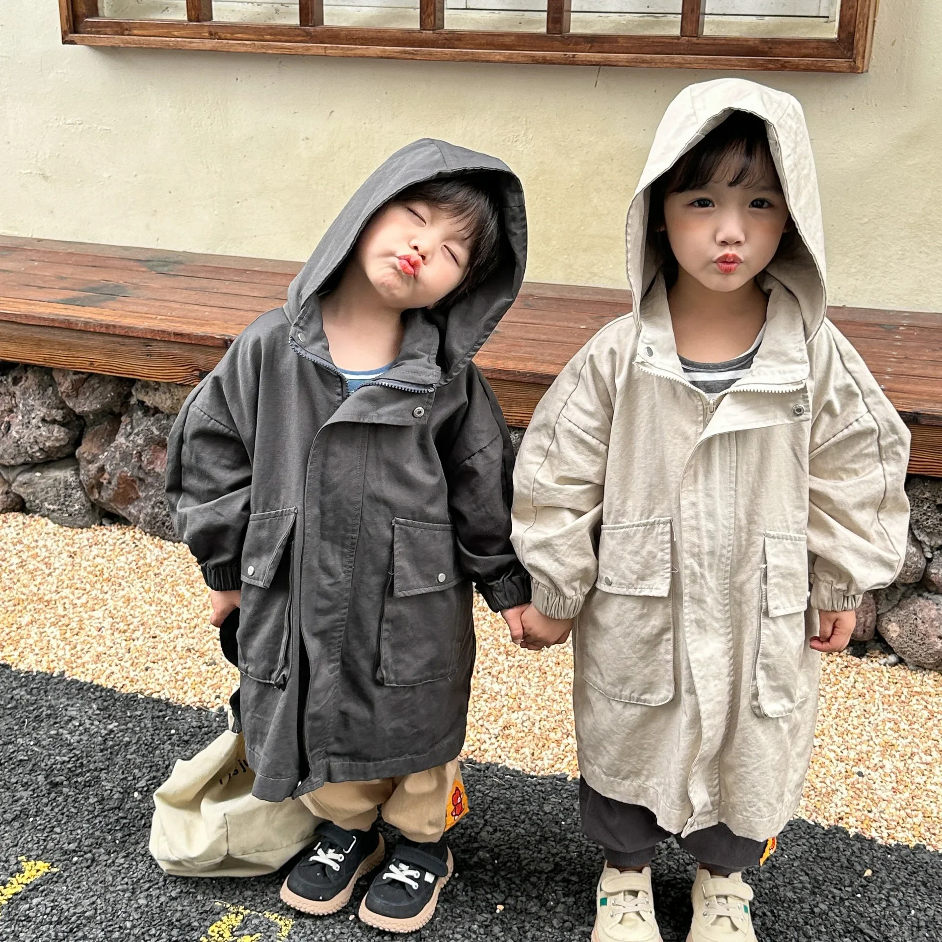 4561D Children's Coat Long Trench Coat Spring Girls' Hooded Windbreaker Korean Casual Loose Boy's Outerwear