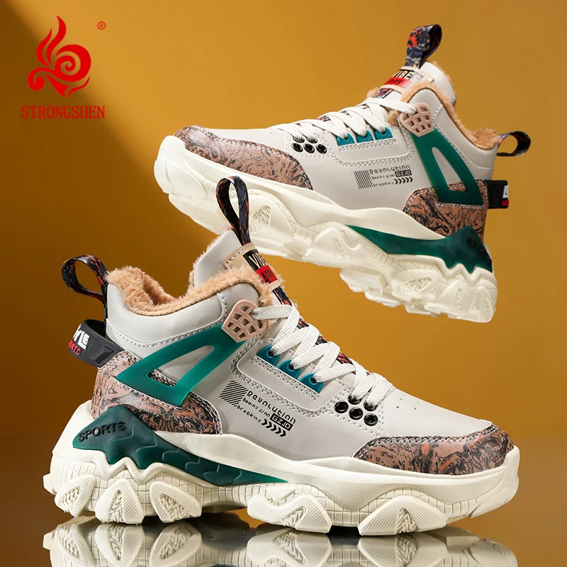 

STRONGSHEN Winter Keep Warm Casual Running Shoes Men Plush Graffiti Sneakers Snow Boots High-top Fashion Dad Shoes Footwear