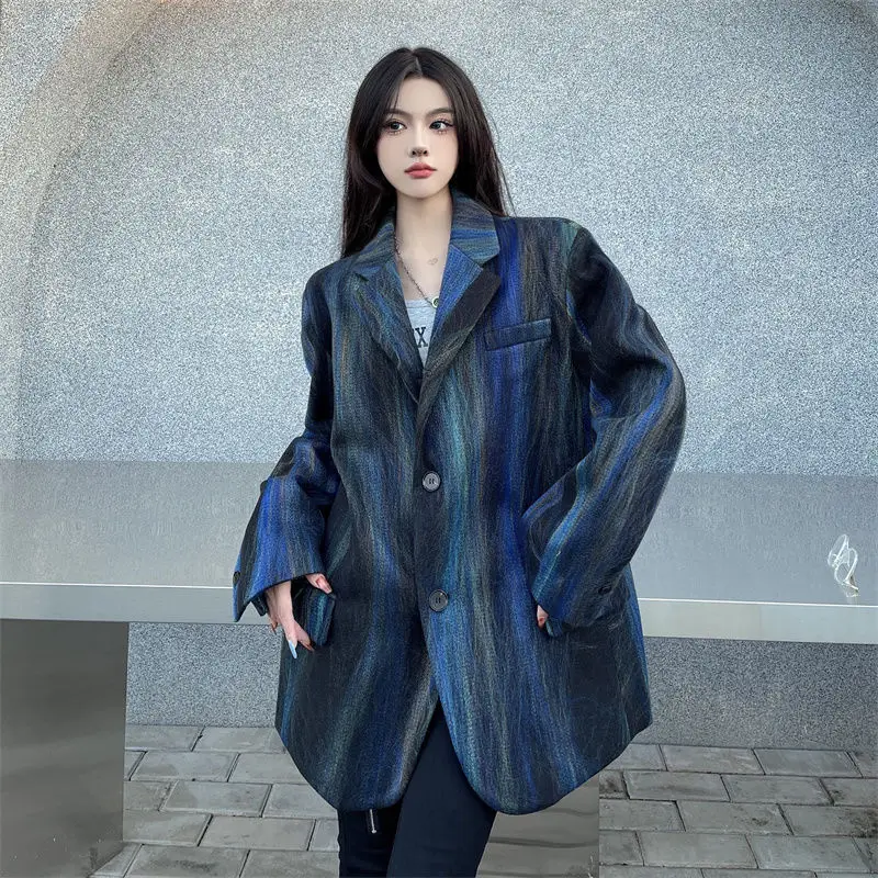 

UNXX Unique Trendy Smoky Painting Textured Shoulder Pad Blazer Jacket for Women Autumn Winter Loose Fit Suit Casual Top Jacket