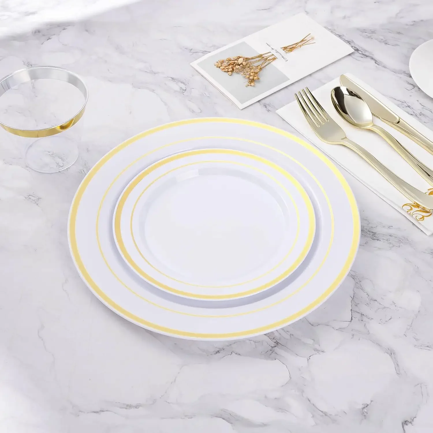 100PCS Gold Plastic Plate 10.25 Inch Disposable Dinner Plate Party with Gold Rim, Heavy Duty Disposable Plastic Plates for Party