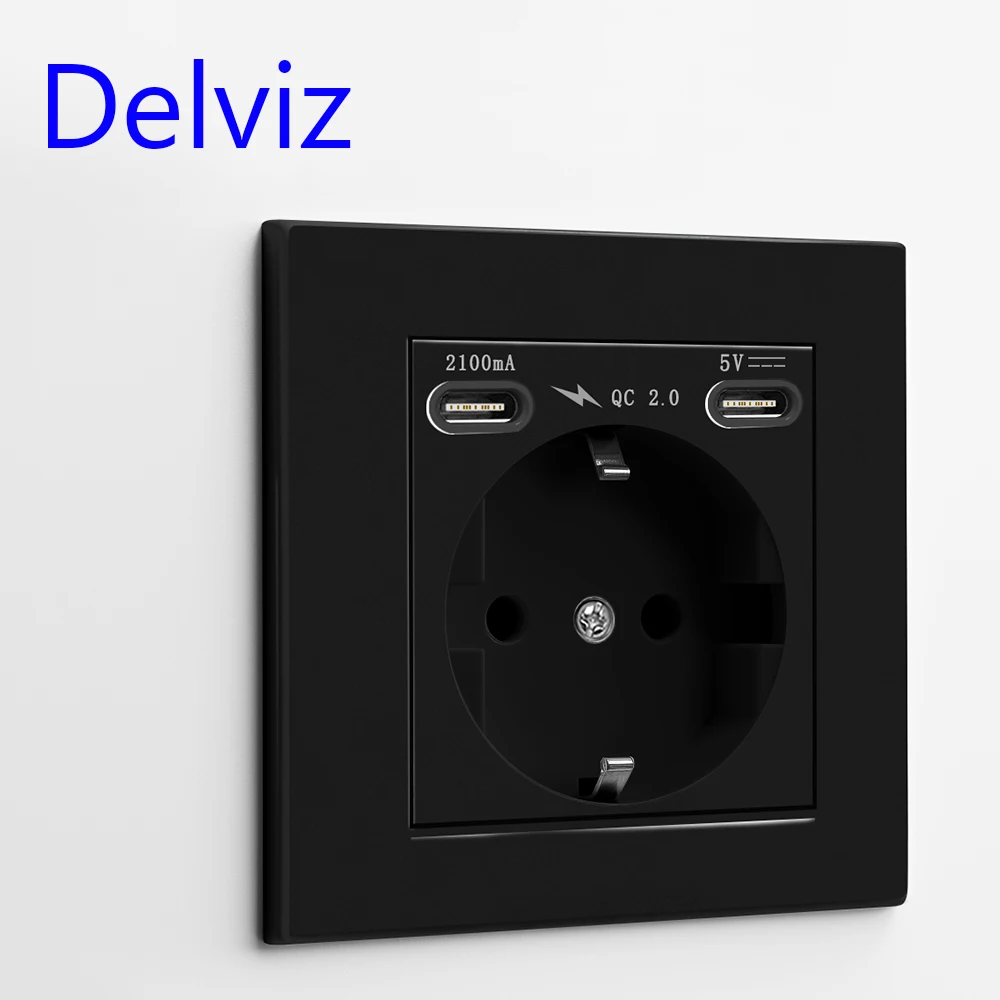 Delviz Wall 2A USB Power Outlet, AC 110V-250V, PC Panel 16A Wall Embedded Electric Double Socket, EU Standard Type C USB Socket