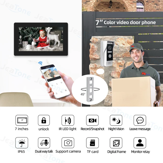 JeaTone 1080P WiFi Touch Screen 7Inch Video Intercom Tuya Smart APP Private Residential Video Goalkeeper With Door Opening 2