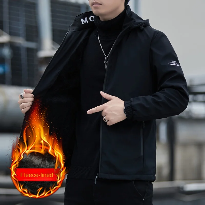 

Oversized Winter Warm Jacket for Men Windbreaker Black Jacket Hiking Fishing Fleece Outdoor Casual Coats with Removable Hooded