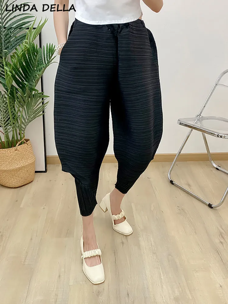 

LINDA DELLA Summer Fashion Designer Black Vintage Pleated Pants Women High Elastic Waist Holiday Loose Casual Bloomers Trousers