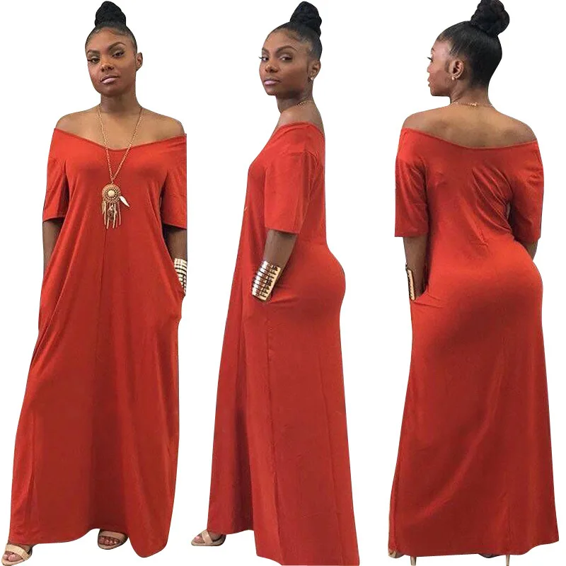 

Women solid color loose shoulder short sleeve pocket casual long skirt birthday dress for women summer dress women