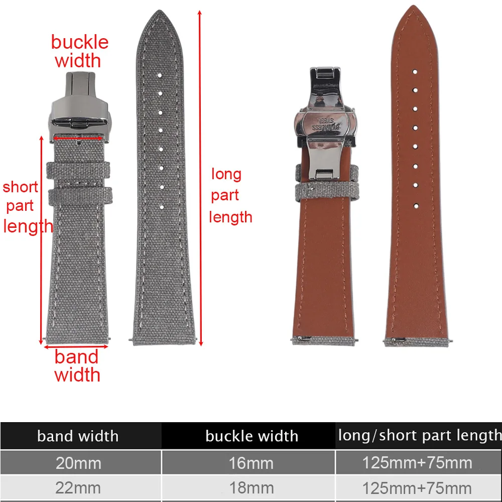 Elegant Canvas & Leather Quick Release Watch Strap - Butterfly Clasp, Tapered Design, 20mm/22mm Wide