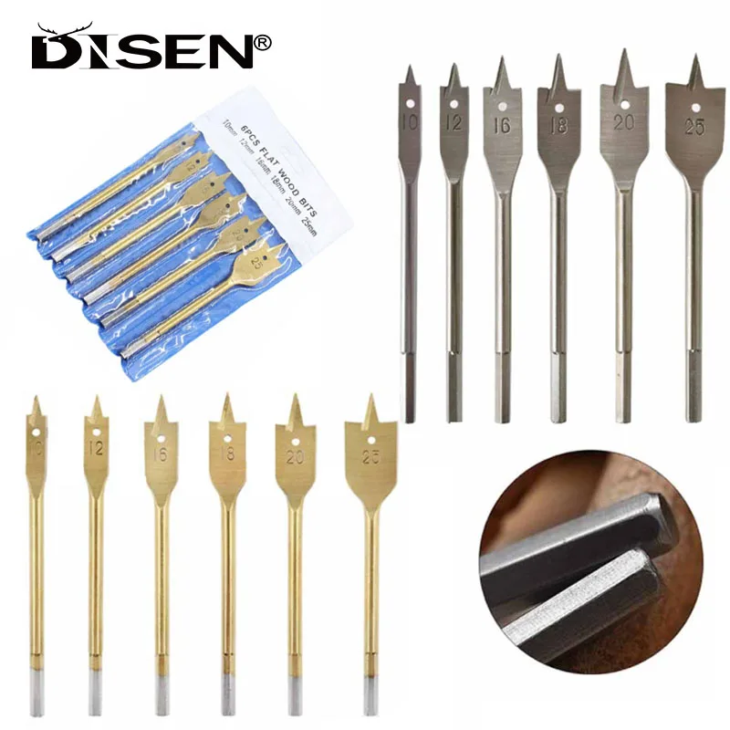 6Pcs Flat Drill Bits Wood Spade Drilling Carbon Steel 10/12/16/18/20/25mm Titanium Coating Hex Shank Spade Bits Length 150mm voron bearing steel rod d type shaft grind flat linear rail round customized length 20mm 100mm diameter 5mm 3d printer