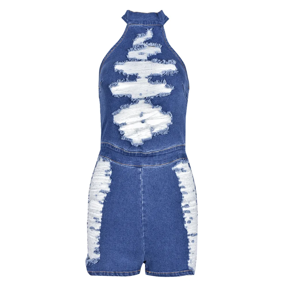

2023 Summer New Bodysuit Broken Hole Open Back Wash Denim Jumpsuit for Women