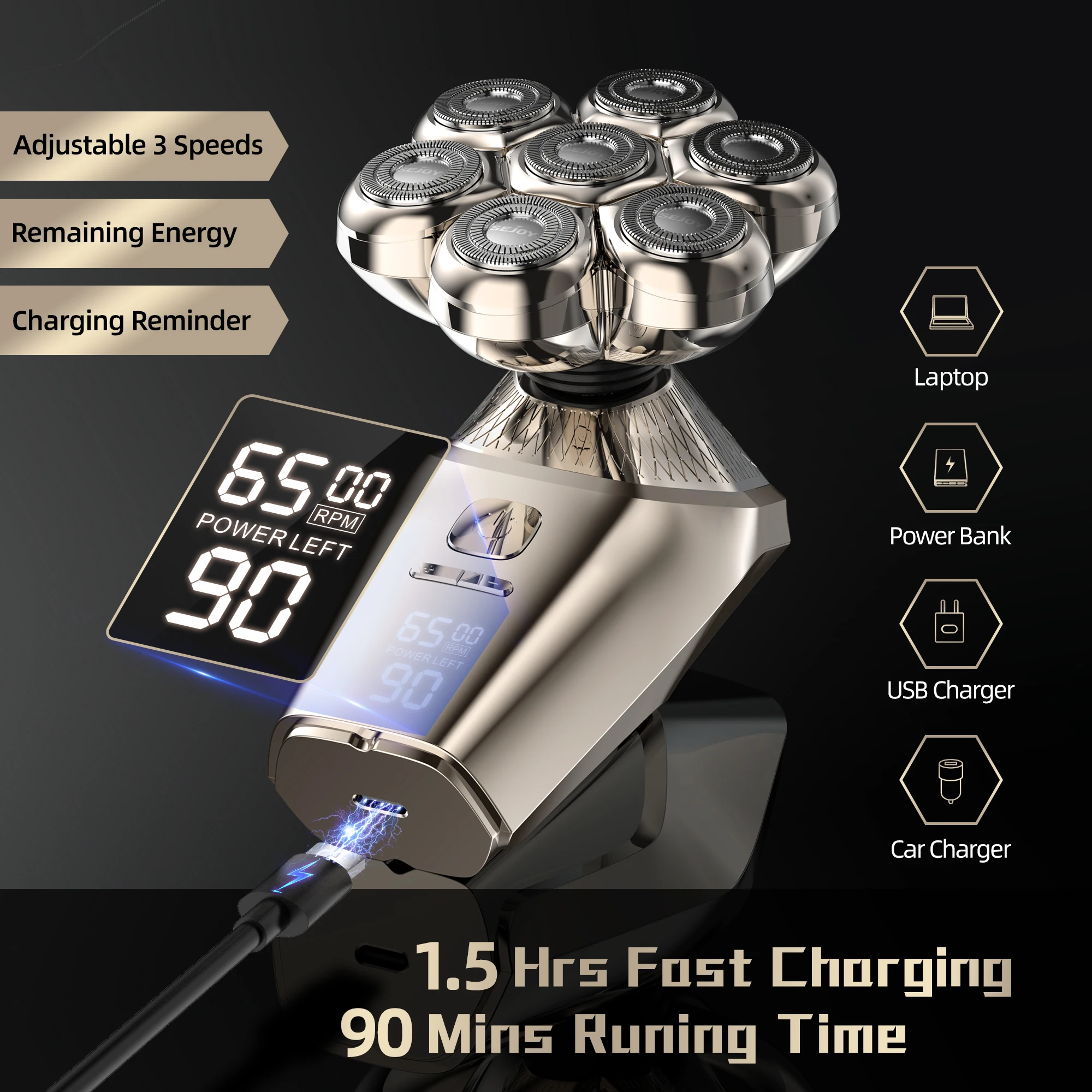 Sejoy 5 IN 1 LED Display Electric Head Shavers with Nose & Ear Trimmer for Bald Men 7 Floating Heads Bald Head Shavers for Men 4