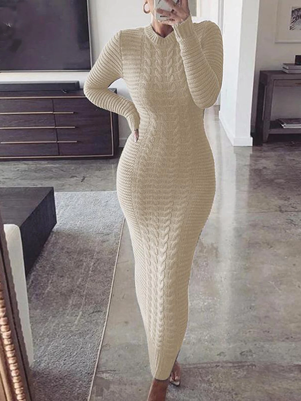 

Simple Solid Color Winter Autumn Twist Knit Dress O-neck Long Sleeve Beige Black Long Dress For Women Stretchy 15 Color