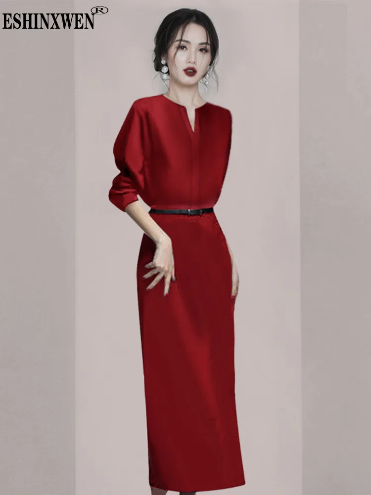 

Eshin Solid Color Long Sleeve V Neck With Belt Party Dress For Women 2023 Autumn Fashion Female Elegant Y2k New Dresses TH5299