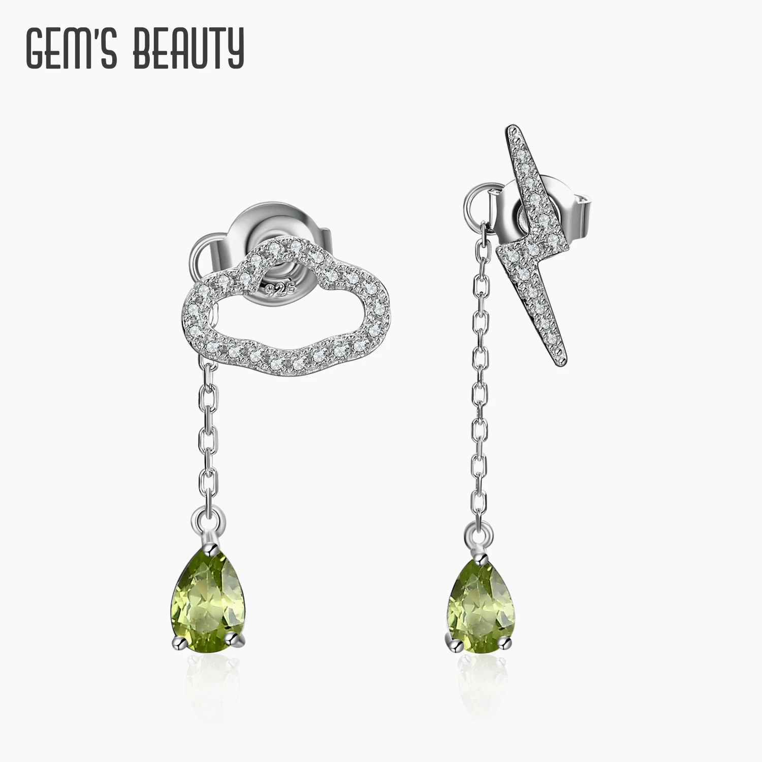 

GEM'S BEAUTY 925 Sterling Silver Gemstone Dangle Earrings Natural Power Clouds Rain Lightning Earrings For Women with Peridot