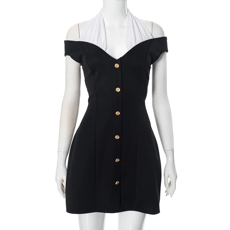 Elegant Contrast Color Splice Halter Dress For Women High Waist With Button Female Slim Fit Party Sexy Dress Sleeveless