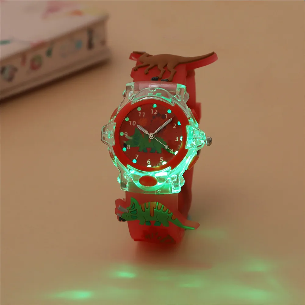4 Colors Cartoon Animal Flash Light 3D Dinosaur Watches For Girls Boys New Flashlight Wristwatch For Children 5
