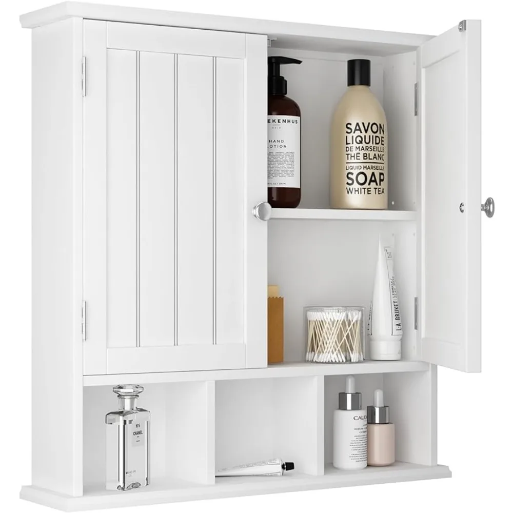 

ChooChoo Bathroom Cabinet Wall Mounted 2-Door with 3 Open Shelves, Wooden Medicine Cabinets with Adjustable Shelf, Space Saver