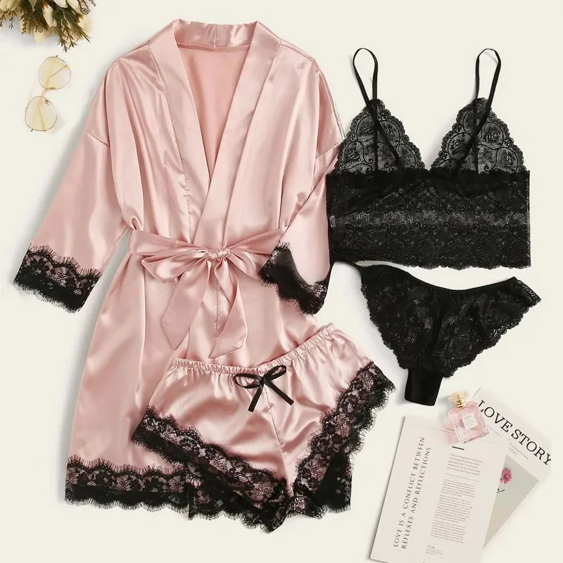 

Long Sleeve Womens Pajamas European American Sexy Lace Lingerie Nightwear Underwear 4PC Set Satin Suspenders Sleepwear Nightgown