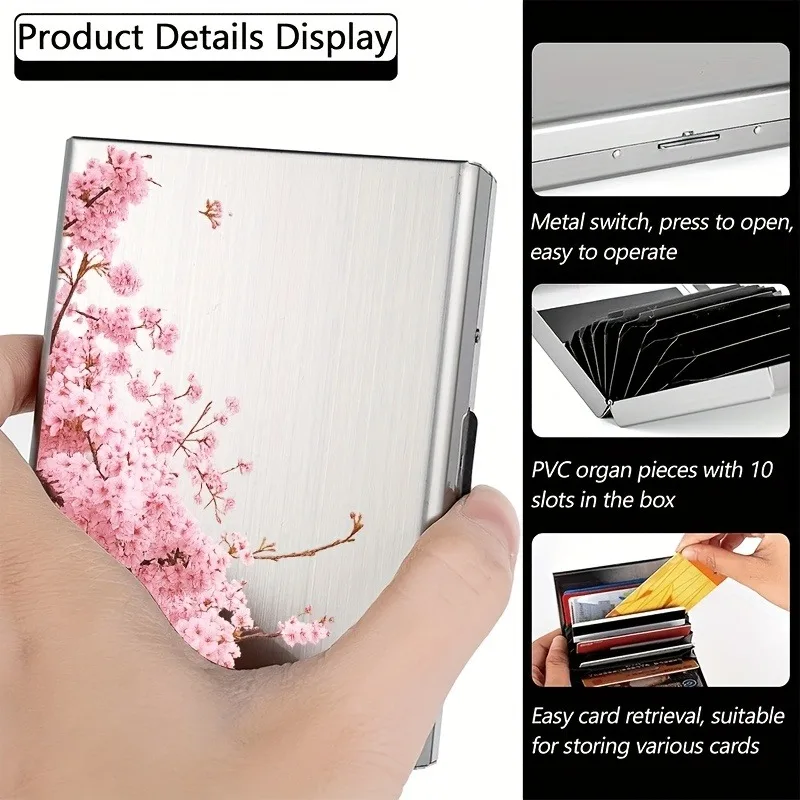 핑크색 벚꽃나무 가지 패턴의 RFID 도난방지 금속 카드 홀더, 남녀공용, 안전하고 세련된 카드 보관함