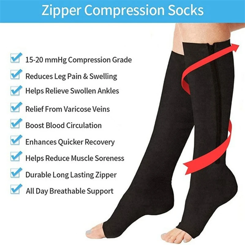Compression socks zipper fashion women men pain relief knee high zip leg support open toe solid color YSZ02