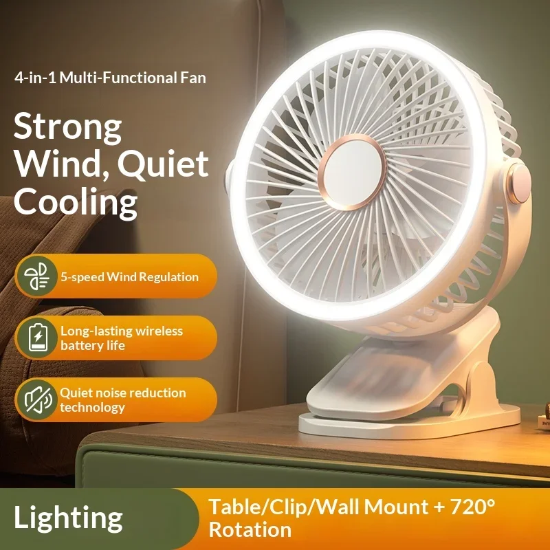 3-in-1 Clip/Wall/Stand Fan, 5 Speeds, 720° Rotation, Night Light, Brushless Motor, Type-C for Home Office Camping 1