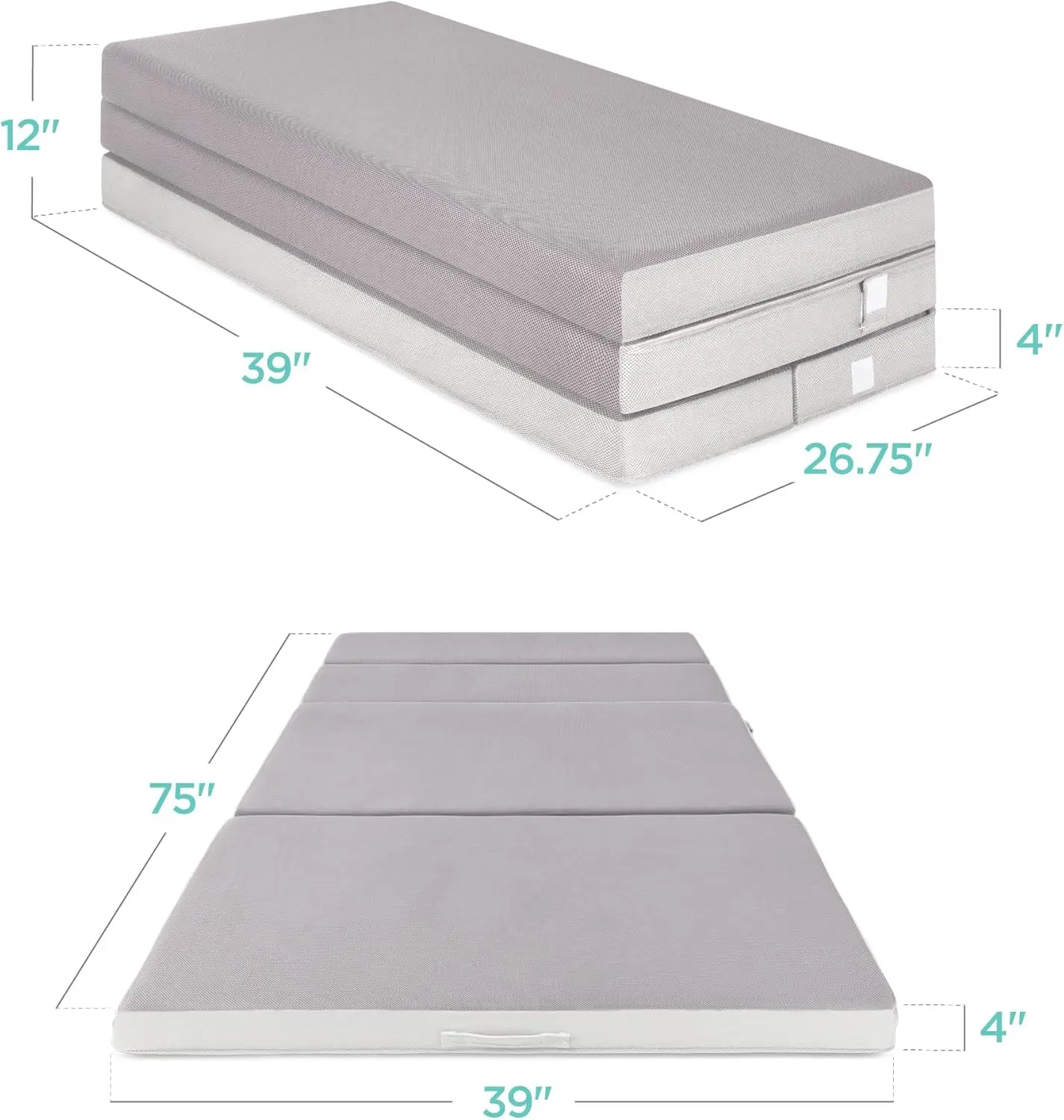 4in Portable Twin-Size Mattress, Folding Mattress Topper for Camping, Guest, Toddler, Foam Plush w/Carry Ca