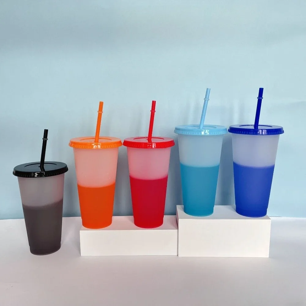 Description Picture 4 of itemNew 24oz 10Pcs Color Changing Cups with Lids and Straws 710ml Plastic Tumblers Cute Iced Coffee Cup Reusable Cups Bulk
