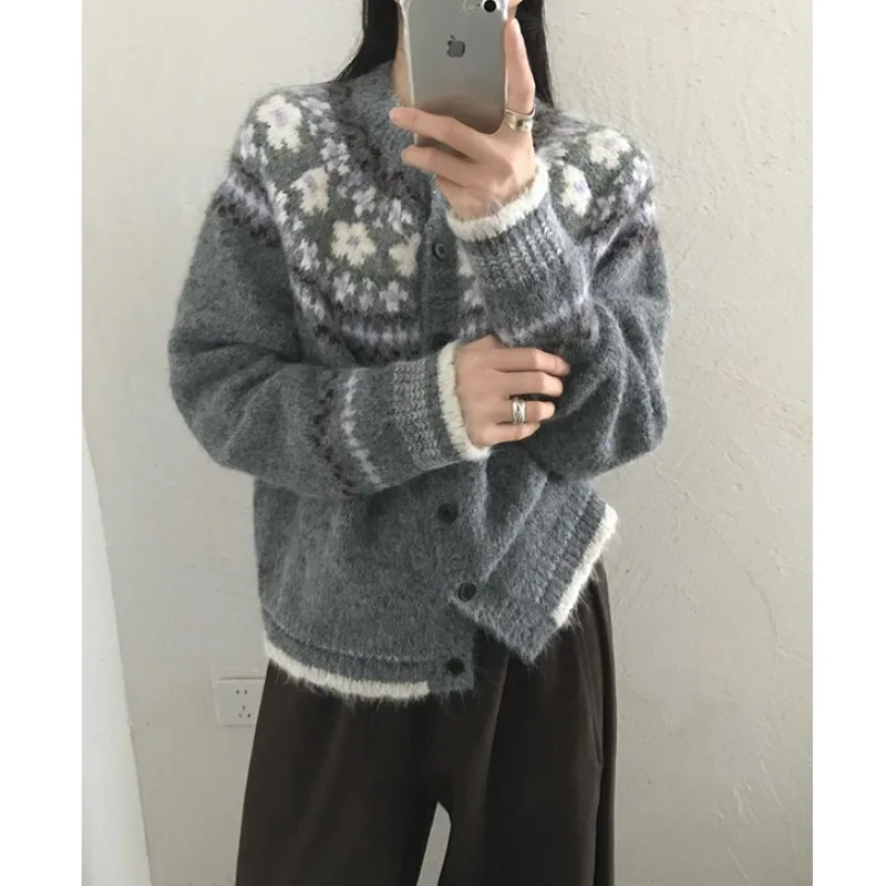 Women's Casual Knitwear Coat Autumn Winter New Style Versatile Lazy Style Fair Isle Embroidery Long Sleeve Loose Fit Cardigan - 5