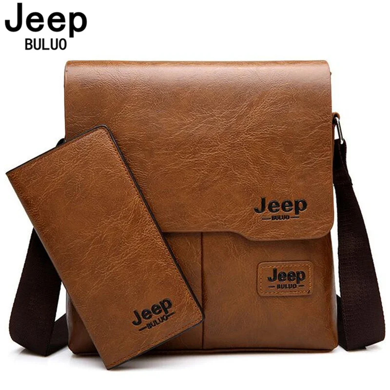 JEEP BULUO Men Bag Famous Brand 2 pcs Set Man Leather Messenger Shouder Bag Business Travelling Bags Male Tote Cross body Bags 18 man black cow leather travel duffle bag male business large capability laptop tote weekend bags man brand shoulder bag