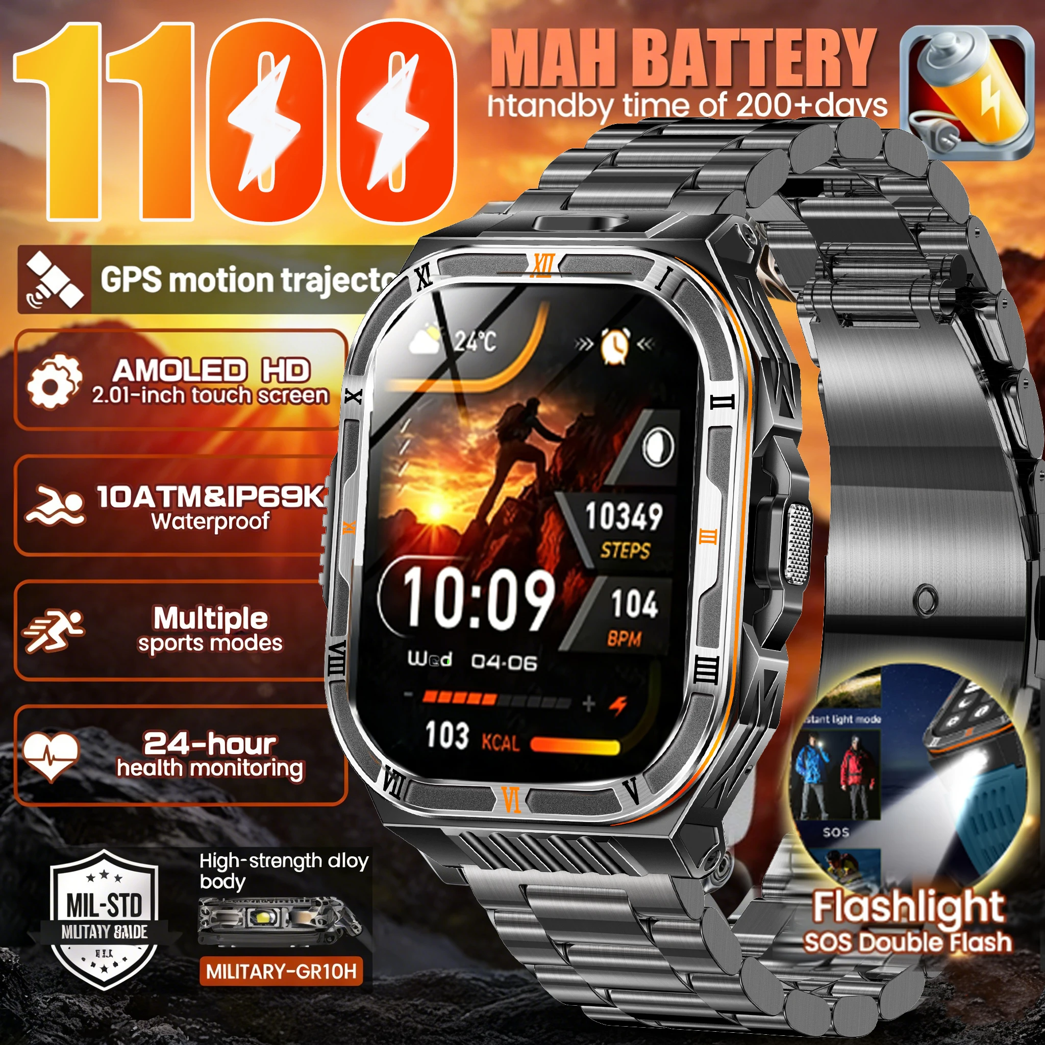2026 New Built-in 1400mAh Super Large Battery Men Smart Watch Outdoor GPS 2.01"AMOLED Screen 10ATM Waterproof BT Call Smartwatc 1