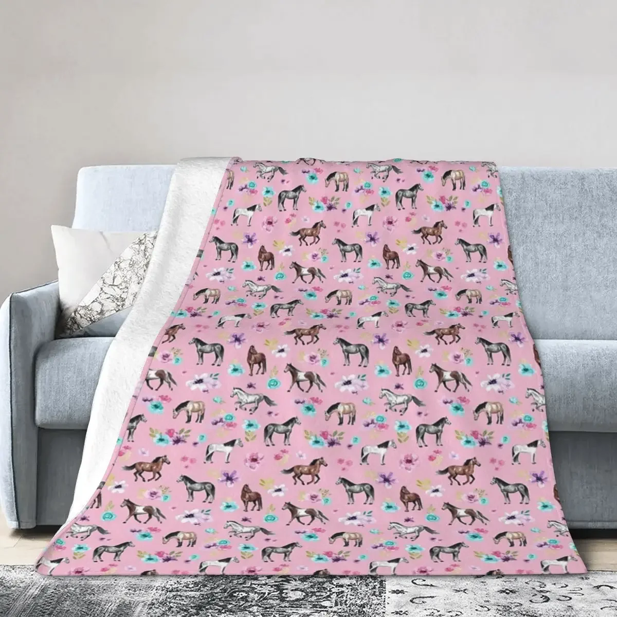 

Horses And Flowers On Pink, Equestrian Art, Horse Decor Blanket Soft Warm Throw Blanket Bedding for Bed Picnic Travel Home Sofa