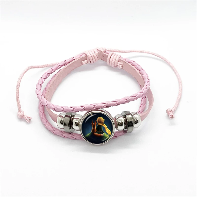 The Little Prince Bracelet Women Kids Classic Cartoon Figure Fox Glass Button Woven Leather Bracelets for Couple Bangle Gift 4
