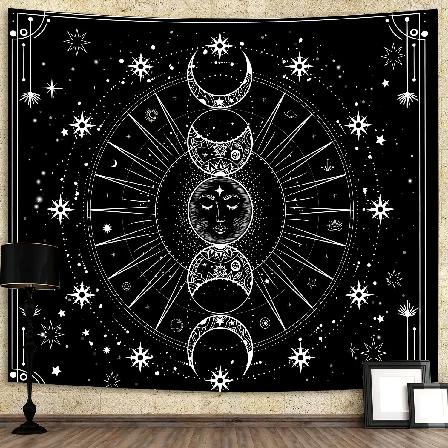 Psychedelic Sun And Moon Constellation Tapestry Bedroom Decoration Black And White Pattern Wall Hanging 1 Piece Of 75x58CM tapestry decor