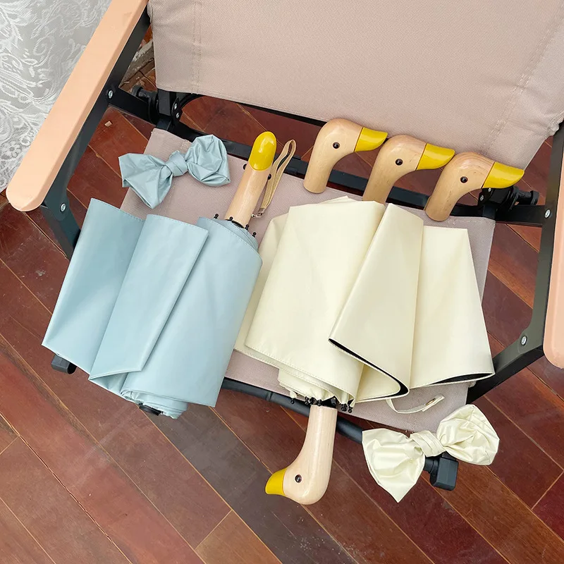 Cute Duck Handle Umbrella Women's Foldable Vinyl Parasol Sun Protection Ultraviolet Sun Umbrella Rain Shine