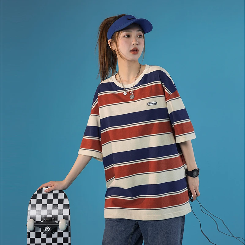 【日本入手困難】Oversized striped cotton T-shirt Japanese fashion men's stripe oversize t-shirt men's and