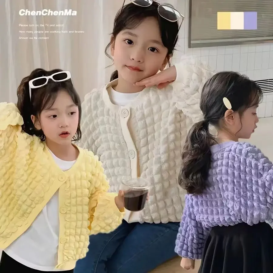 어린이용 우아한 가디건 재킷, 버블 그리드, 캐주얼 긴팔, 라운드넥, 스타일리시 재킷, 2023 용수철, 가을 신상