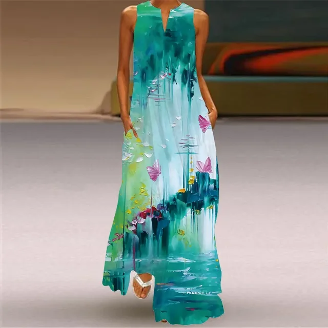 Robe longue à col en V pour femmes, tenue d'été élégante, vintage, imprimée, grande taille